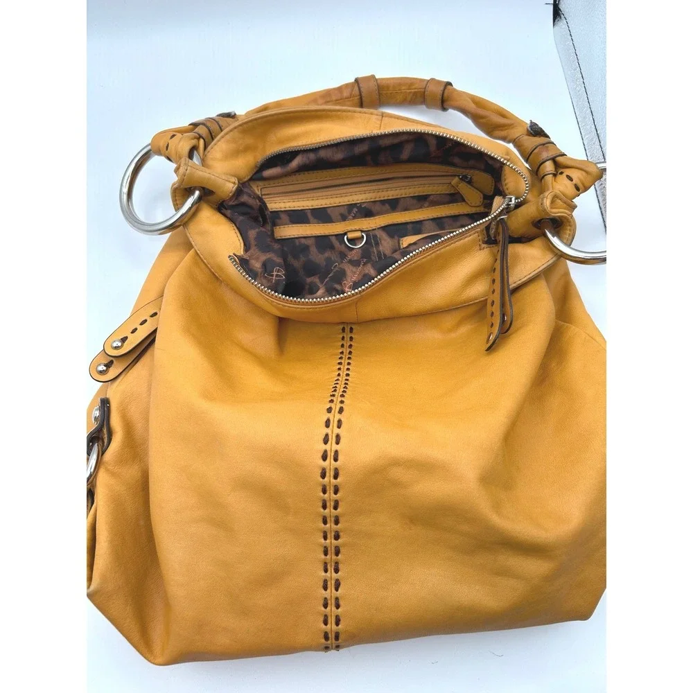 B. Makowsky Hobo Bag Women Large Mustard Yellow Leather Whipstitch Ring Handle